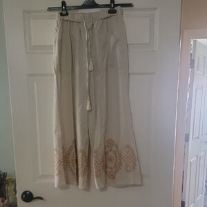 Wide Leg Embroidered Drawstring Pants - Cream